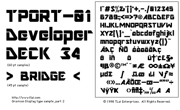 Gravicon Display Text Samples.  Samples set at 60 points and 45 points, full character set sample.